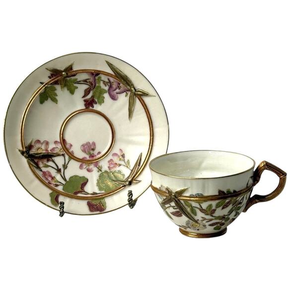 19th C. Royal Worcester TEA CUP & SAUCER SET Bone China Orchid 63492 Raised Gold - Picture 1 of 8